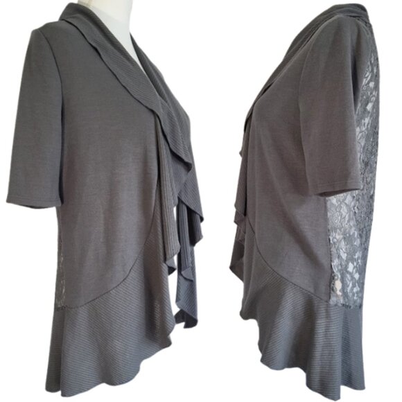 DECREE Armory Gray Ruffle Front Lace Back Open Cardigan - NWT Women's Large - Picture 3 of 6